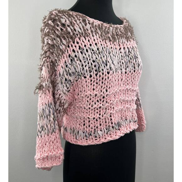 Hand Knit Dollie Pink Brown Chunky Crochet Fuzzy Knit Pullover Crop Sweater XS - Picture 2 of 8